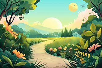 Serene Nature Landscape with Pathway, Lush Greenery