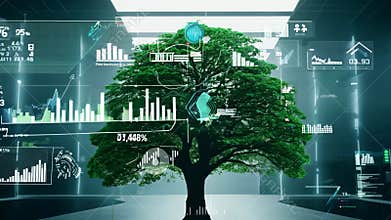 Tree holographic model in modern lab laboratory eco research leaf leaves plant sustainable science virtual reality