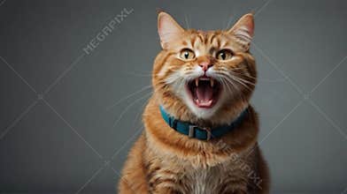 Ginger cat wearing blue collar meowing loudly
