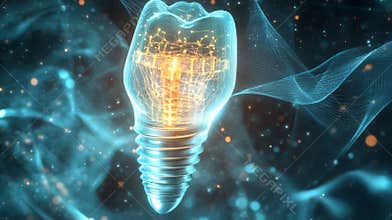 A luminous dental implant glowing with energy amidst a futuristic backdrop of particles
