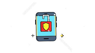 Animated of smartphone with a blue screen displaying an open padlock with a yellow shield emblem