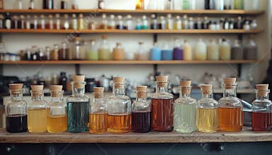A collection of chemical reagents displayed on a wooden counter in a laboratory setting