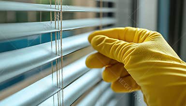 Dusting and cleaning window blinds for a spotless living space in bright daylight