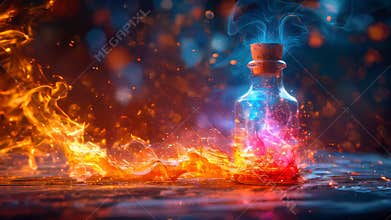 Burning magic potion in crystal bottle. Halloween witchcraft and alchemy concept