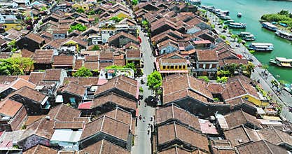 Aerial view of ancient town by Thu Bon River in Vietnam