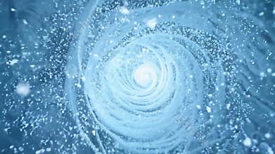 A swirling vortex of snowflakes and ice forming a spiral, resembling a magical portal. Concept of snowstorm, winter