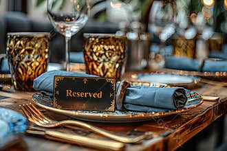 An elegant 'Reserved' sign on a table in a sophisticated restaurant with a chic table setting.