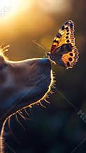 Dog and butterfly touching noses at sunset, serene nature moment