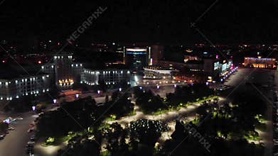 Aerial Freedom Square in night Kharkiv city