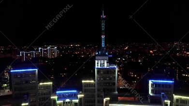 Aerial night illuminated Derzhprom building scene