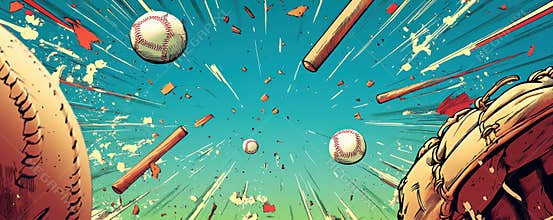 Dynamic baseball-themed comic book style illustration featuring baseballs and bats in explosive action