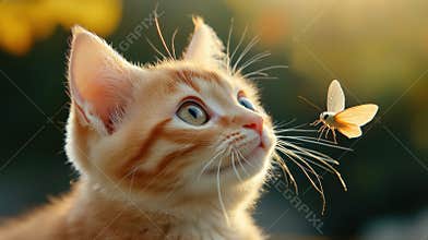 A cat looking up at a butterfly that is flying by, AI