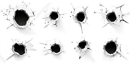 Target shooting silhouettes featuring gun pistols and bullet holes are ripped and cracked, revealing their worn elements