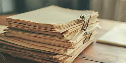 Pile of Old Documents and Folders on Wooden Desk