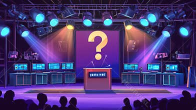 A cartoon modern illustration depicting an interior stage for a quiz show, complete with stands, spotlights, and a