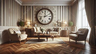 luxury vintage living room with classic decor and large wall clock