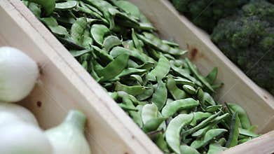 White onion, string beans and broccoli