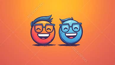 Two smiling cartoon faces with glasses on an orange background