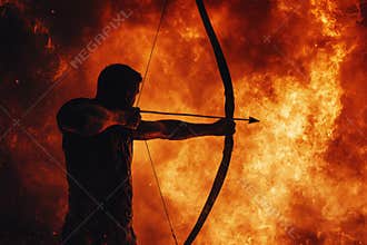 Archer aiming an arrow at a blazing fire during a dramatic evening performance