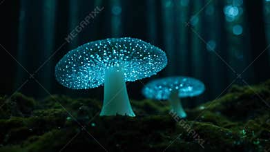 A bright blue magical mushrooms grows in a dark mossy forest.