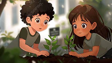 Children plant trees in a park memorial for extinct species to promote conservation and hope for the future