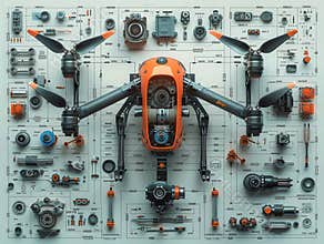 Dismantlement diagram of Drone, the Drone is in the middle of the picture, and Drone parts are neatly placed around it