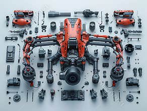 Dismantlement diagram of Drone, the Drone is in the middle of the picture, and Drone parts are neatly placed around it