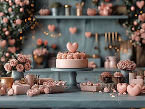 Central empty 3D podium surrounded by Valentine's Day recipe books and cooking supplies for romantic dinners. The