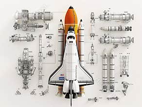 Dismantlement diagram of Space Shuttle, the Space Shuttle is in the middle of the picture, and Space Shuttle parts are