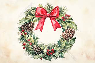 Christmas wreath made of holly, fir branches, cones, red berries, and a large red bow in a watercolor style.t