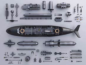 Dismantlement diagram of the Russian North Wind nuclear submarine, the nuclear submarine is in the middle of the picture