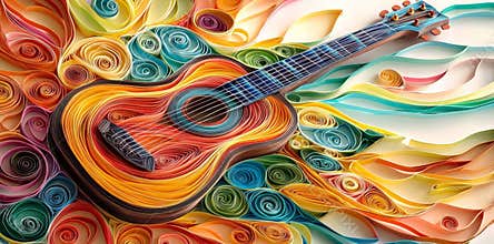 A colorful abstract guitar, paper art, music, and guitar artwork
