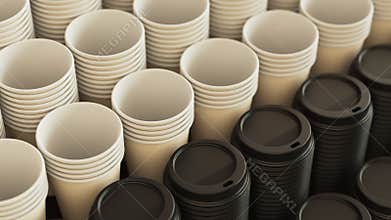 Loopable pan over a stack of disposable coffee or tea plastic cups and lids . Fly over set of many cups for a cafe. 3d