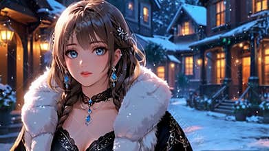 Cute anime girl with long hair in the winter garden with snow falling, music background, loop animations