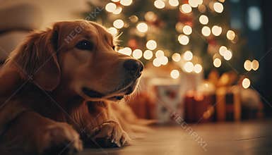 Adorable Purebred Golden Retriever Relaxing Indoors On A Snowy Winter Night
