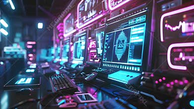 A room filled with glowing computer screens each one displaying a different programmers progress in the battle