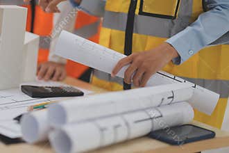 Construction and structure concept of Engineer or architect meeting for project working with partner and engineering tools on