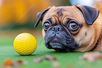 A pug dog laying on the ground next to a yellow golf ball
