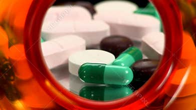 Drugs and Medicine; capsules, pills and tablets from inside bottle