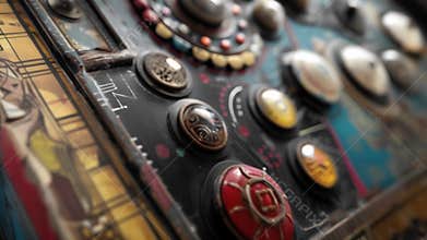 The intricate details of a retroinspired arcade cabinet including vintage decals colorful buttons and worndown corners