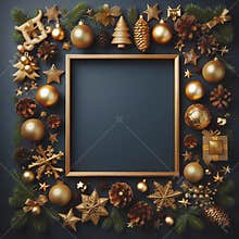 Christmas Photo Frame with Cute Gold Decorations and Ornaments. AI Generated Image.