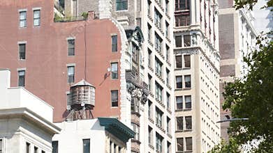 New York City Broadway, Manhattan midtown building corner architecture. Residential house exterior.