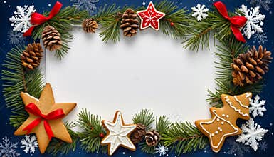 Christmas Frame with Spruce Branches, Gingerbread Cookies and Snow on a Blue Background