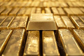 Pile of gold ingots stacked for storage in a secure vault environment
