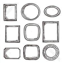 A collection of hand-drawn paper stickers, photo frames, and picture borders in a doodle sketch style, featuring frames