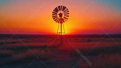 A windmill stands in a field at sunset