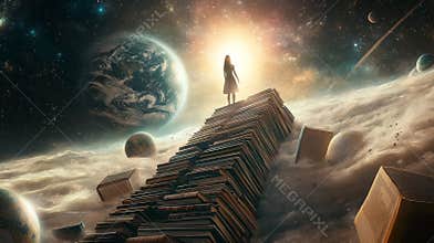 Woman atop a cosmic staircase of books in a glowing sky