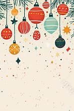 Vertical poster background design in flat minimalistic style, simple Christmas ornaments hanging