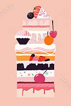 Vertical poster design in flat minimalistic style, pastel background, flat illustrations of desserts