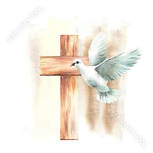 White dove, wooden cross on watercolor spotted background. Flying bird pigeon. Religion illustration